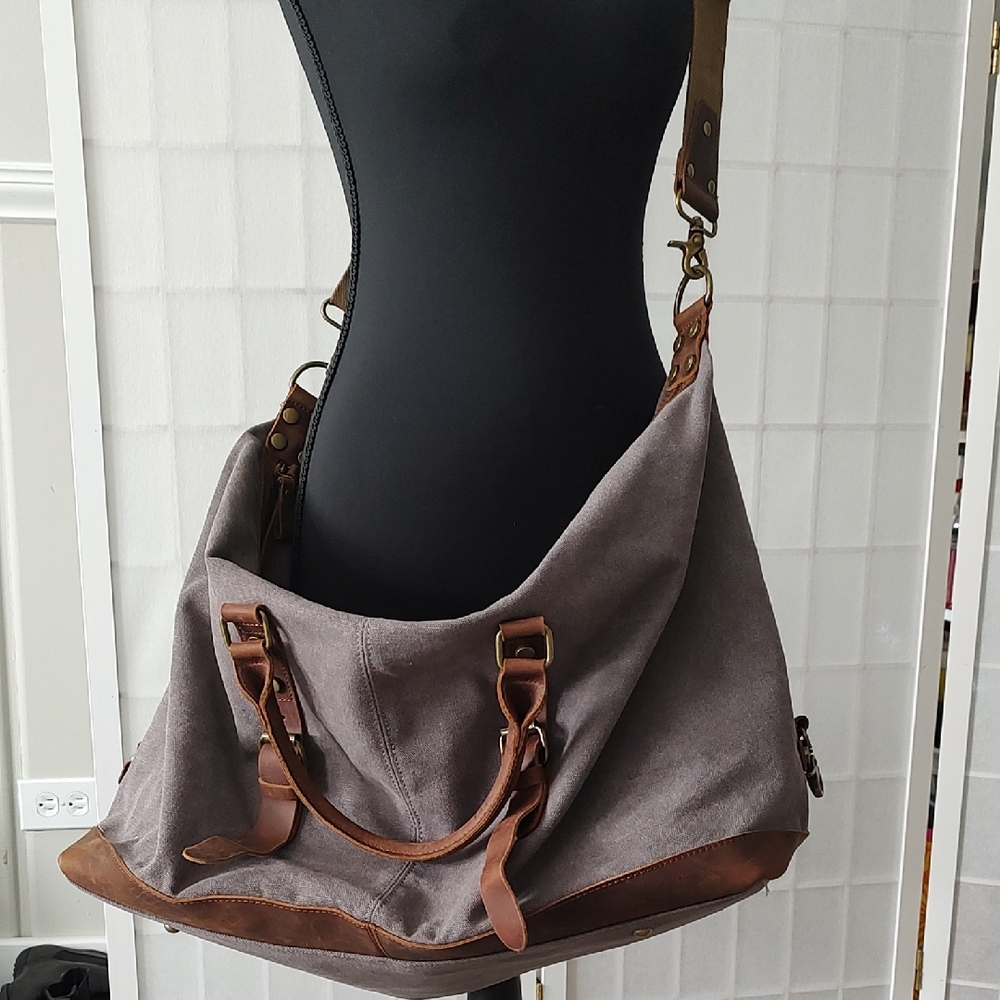 Stylish S-ZONE Gray Canvas & Brown Leather Travel Bag Crossbody Detachable Strap